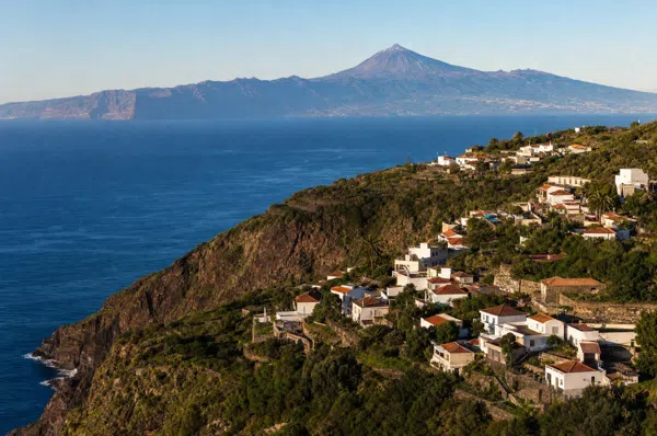 Agulo on its clifftop terrace with Mount Teide across the sea, La Gomera